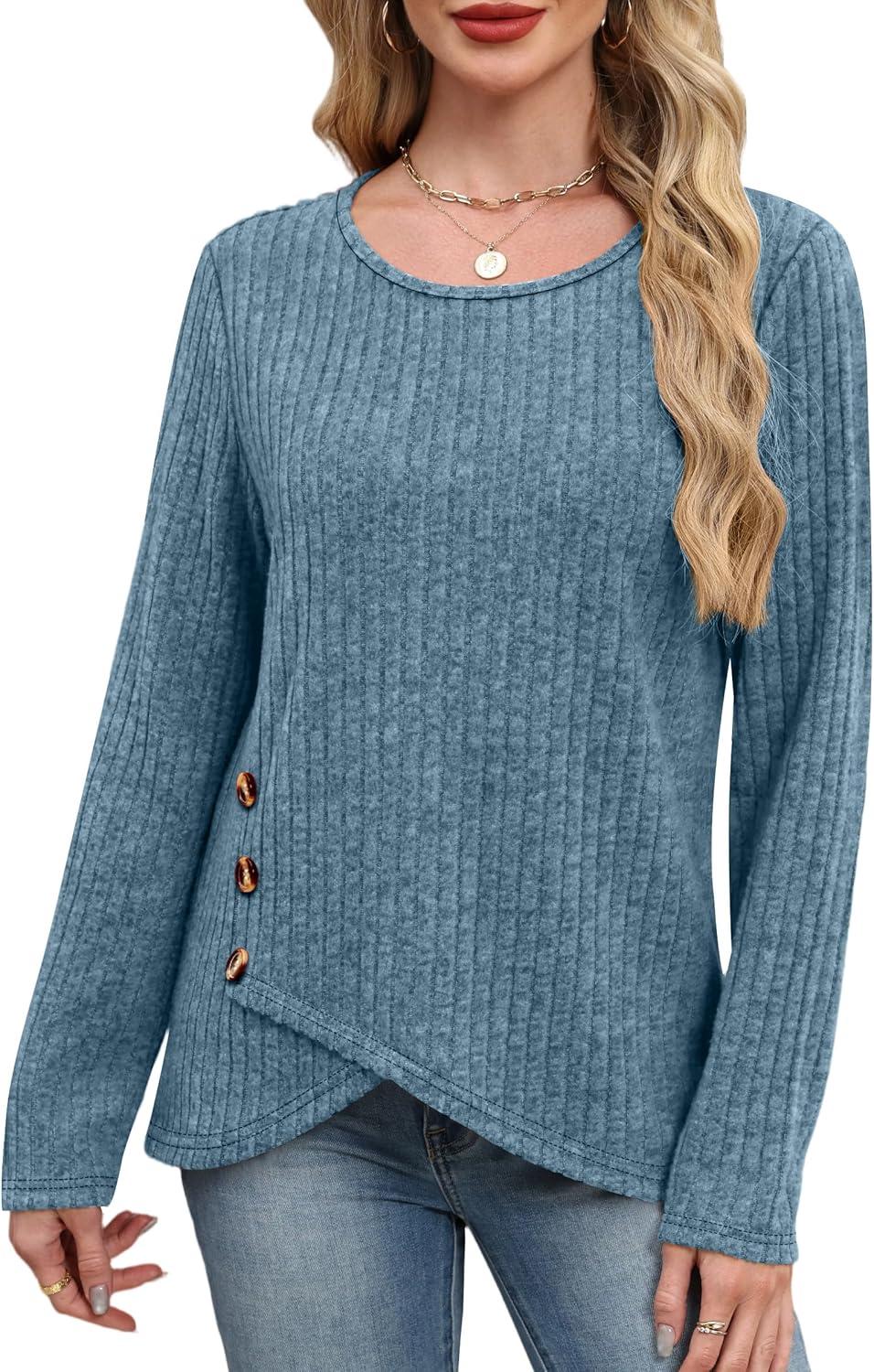 imageXIEERDUO Tunic Sweaters for Women Long Sleeve Shirts Crew Neck Tops with Buttons Fall Fashion Outfits Winter ClothingBlue