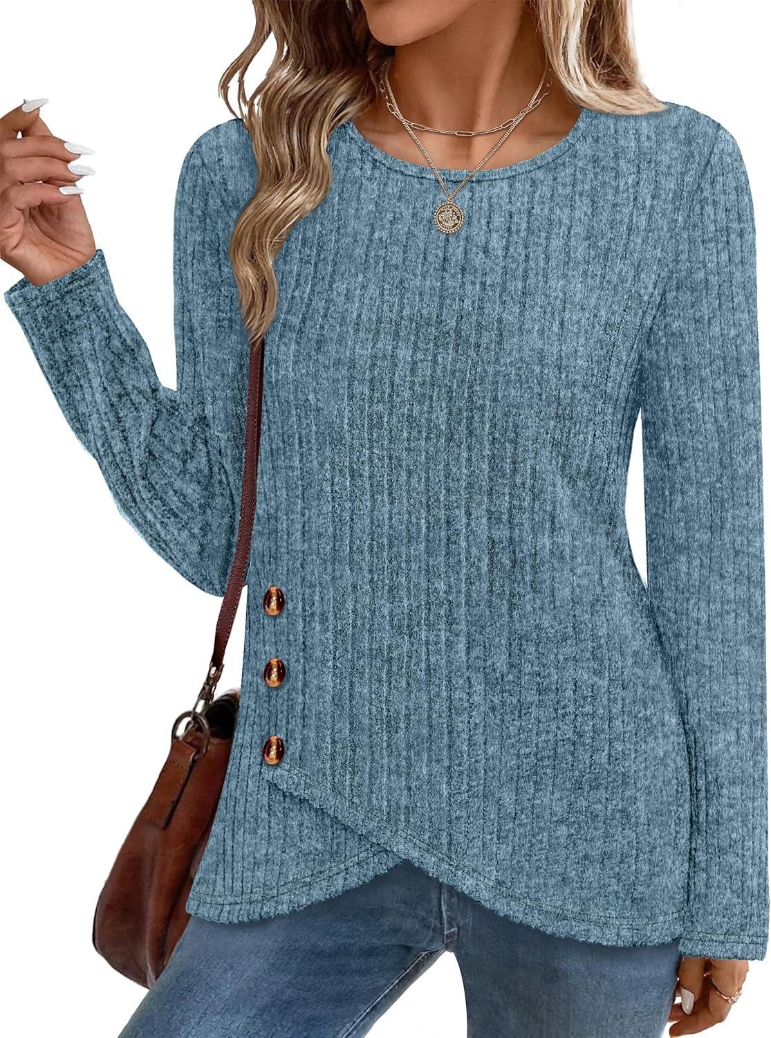 imageXIEERDUO Tunic Sweaters for Women Long Sleeve Shirts Crew Neck Tops with Buttons Fall Fashion Outfits Winter ClothingBlue