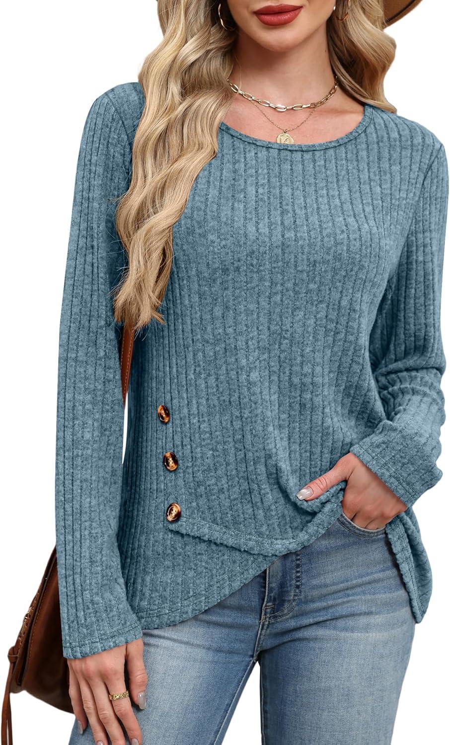 imageXIEERDUO Tunic Sweaters for Women Long Sleeve Shirts Crew Neck Tops with Buttons Fall Fashion Outfits Winter ClothingBlue