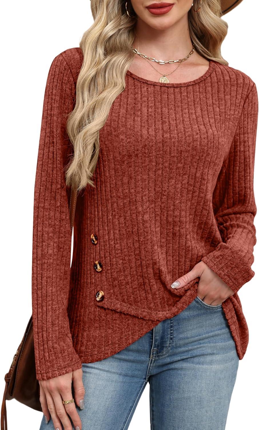 imageXIEERDUO Tunic Sweaters for Women Long Sleeve Shirts Crew Neck Tops with Buttons Fall Fashion Outfits Winter ClothingCaramel