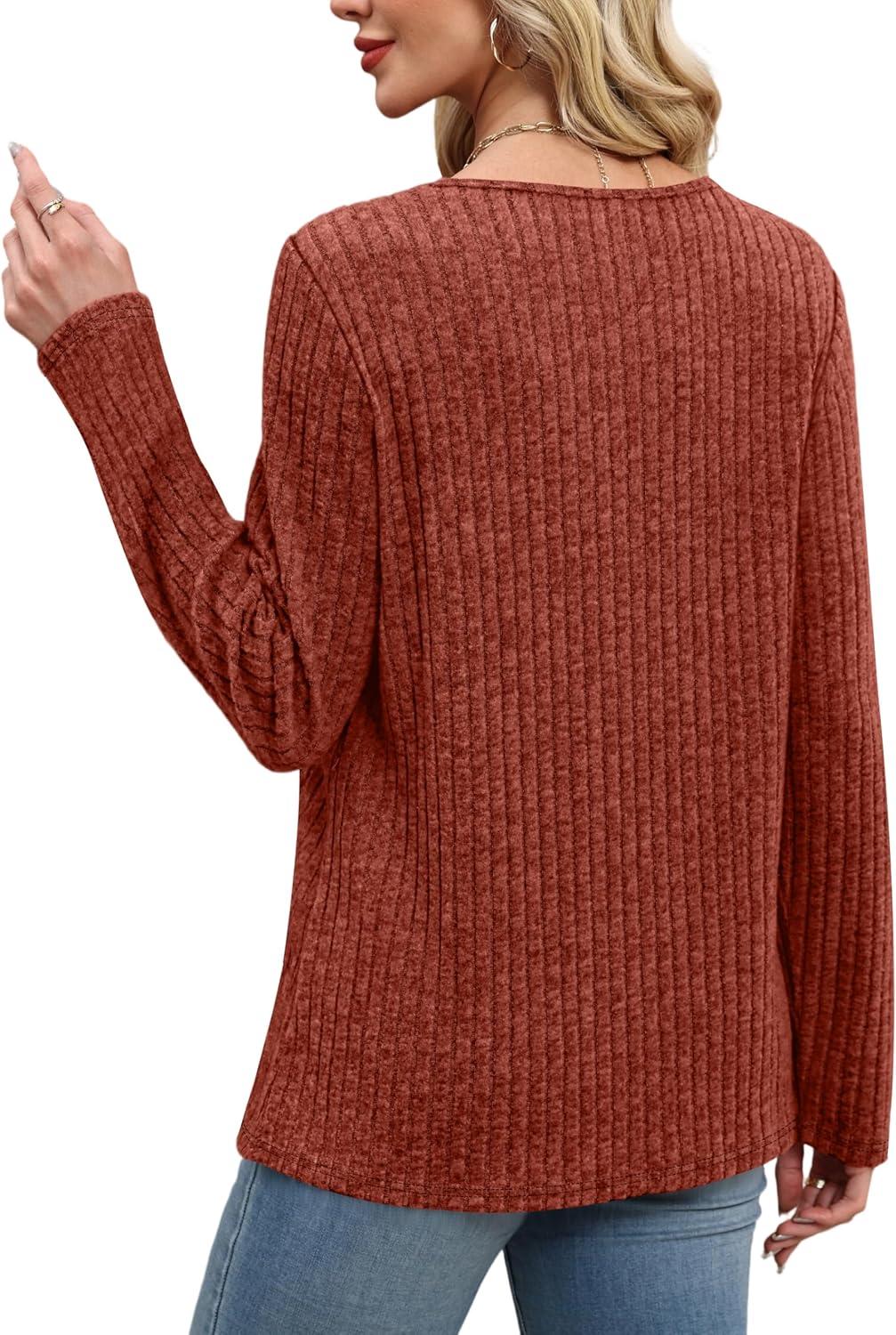 imageXIEERDUO Tunic Sweaters for Women Long Sleeve Shirts Crew Neck Tops with Buttons Fall Fashion Outfits Winter ClothingCaramel