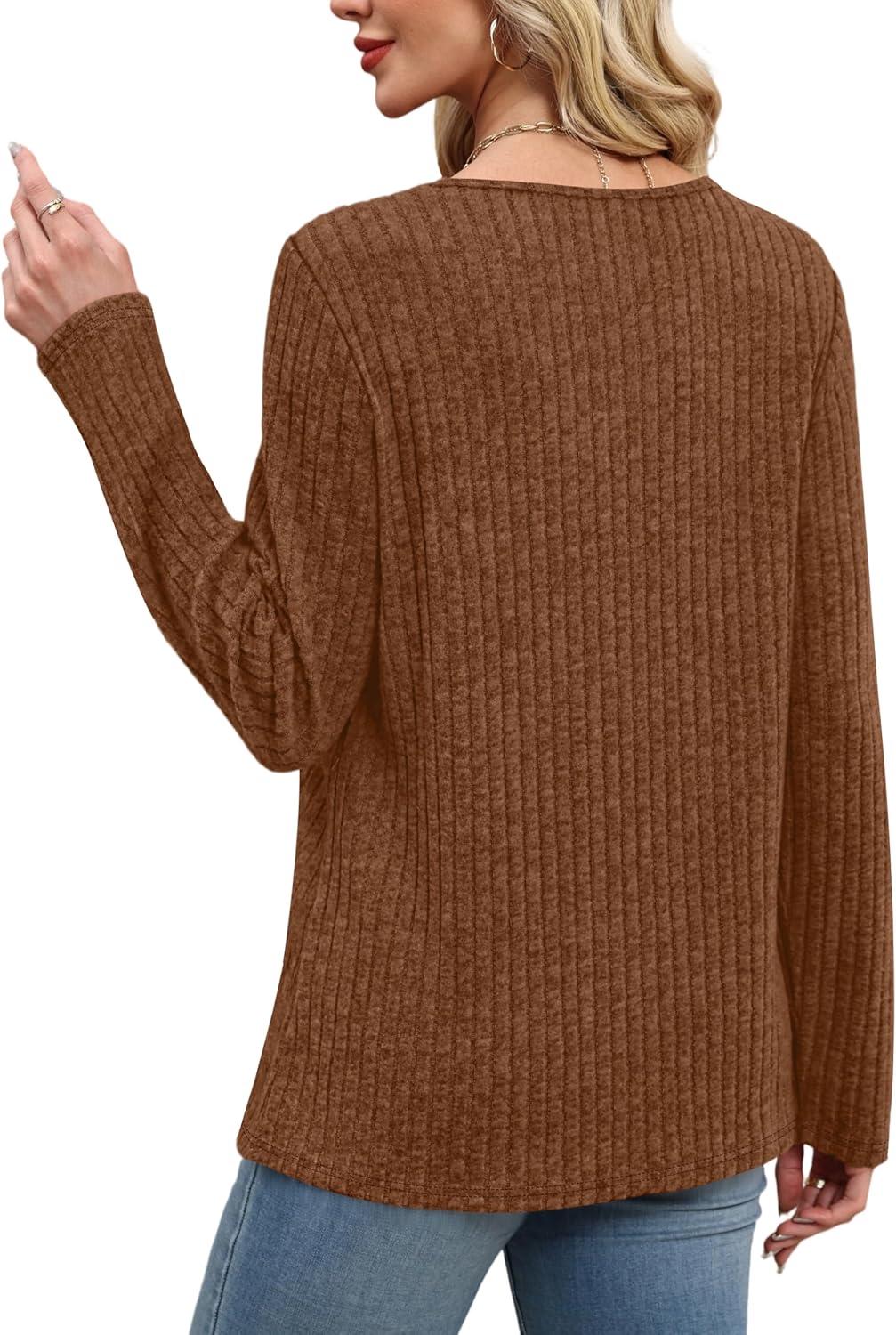 imageXIEERDUO Tunic Sweaters for Women Long Sleeve Shirts Crew Neck Tops with Buttons Fall Fashion Outfits Winter ClothingDark Caramel