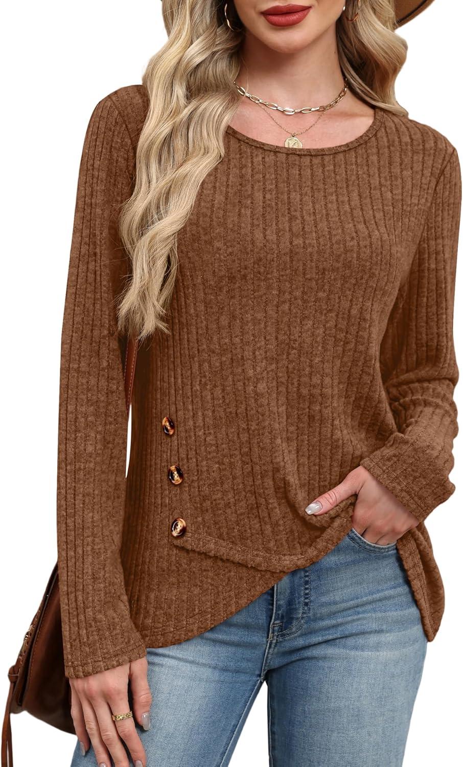 imageXIEERDUO Tunic Sweaters for Women Long Sleeve Shirts Crew Neck Tops with Buttons Fall Fashion Outfits Winter ClothingDark Caramel