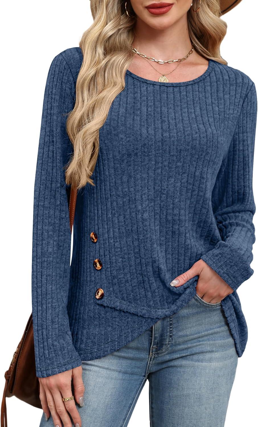 imageXIEERDUO Tunic Sweaters for Women Long Sleeve Shirts Crew Neck Tops with Buttons Fall Fashion Outfits Winter ClothingDeep Blue