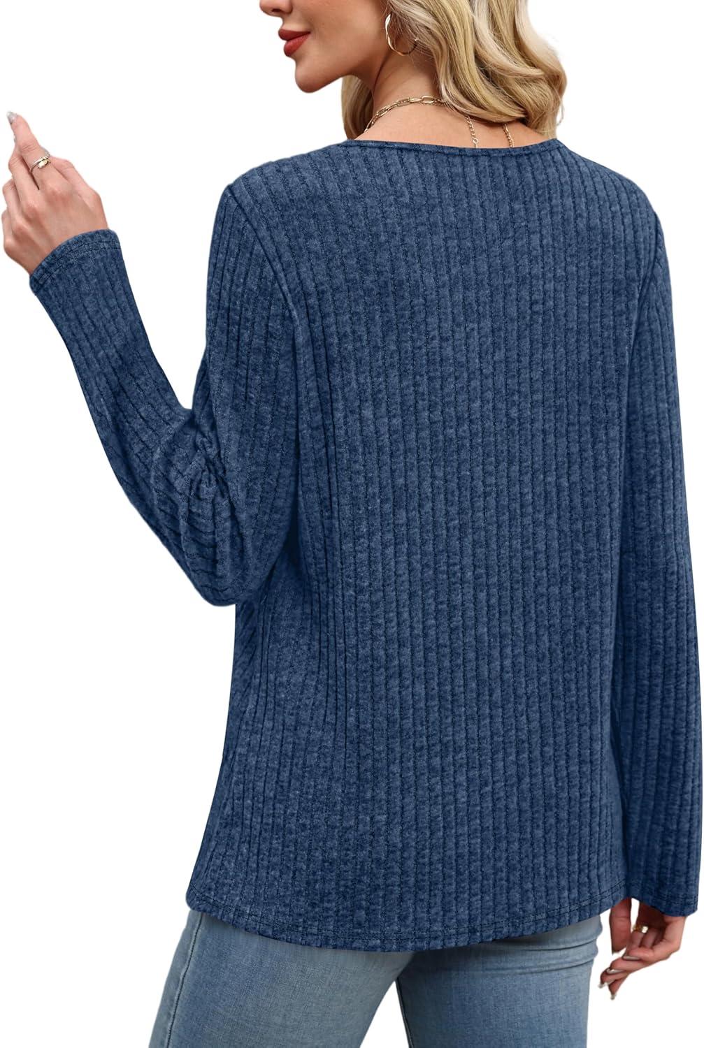 imageXIEERDUO Tunic Sweaters for Women Long Sleeve Shirts Crew Neck Tops with Buttons Fall Fashion Outfits Winter ClothingDeep Blue