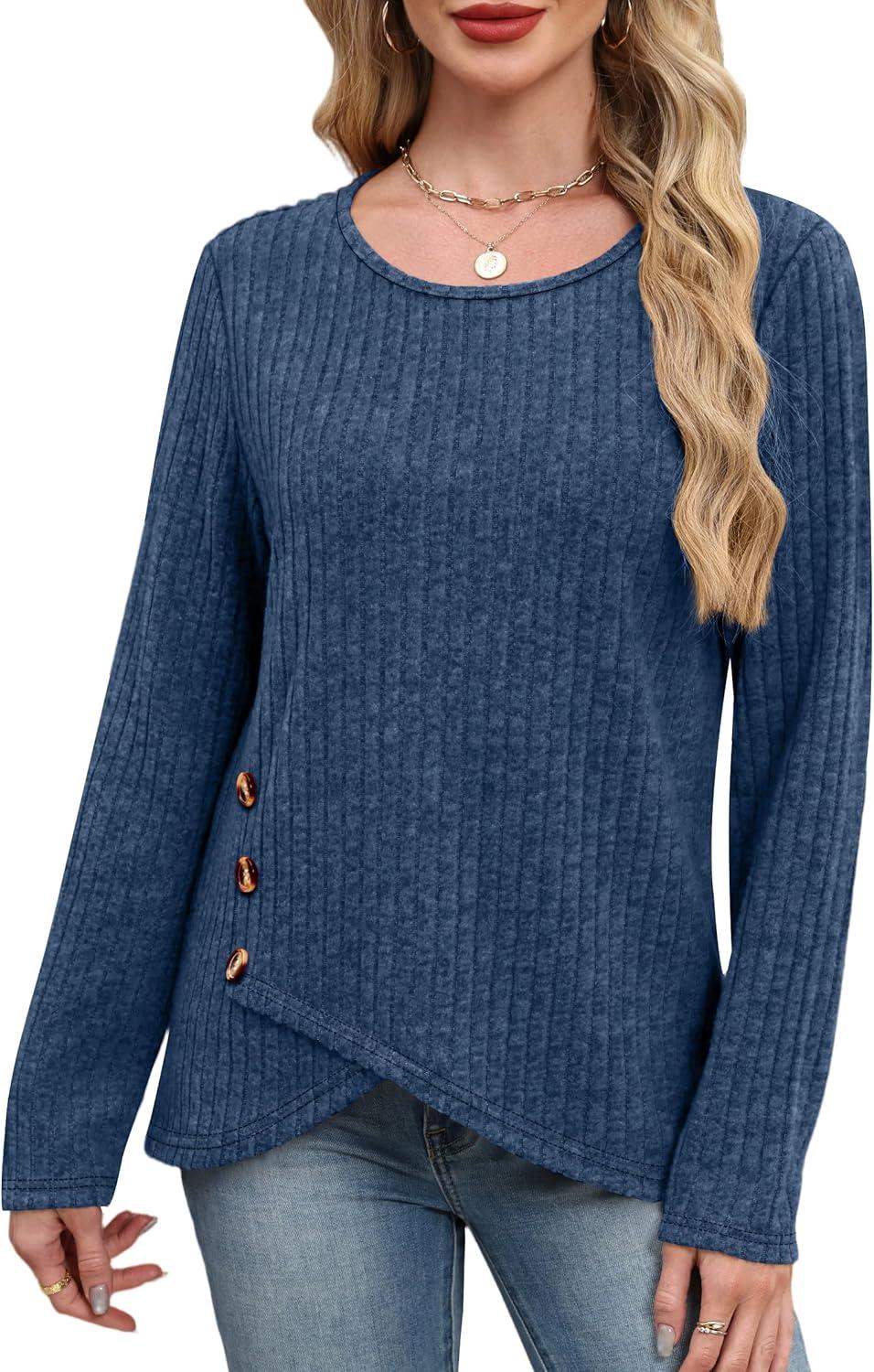 imageXIEERDUO Tunic Sweaters for Women Long Sleeve Shirts Crew Neck Tops with Buttons Fall Fashion Outfits Winter ClothingDeep Blue