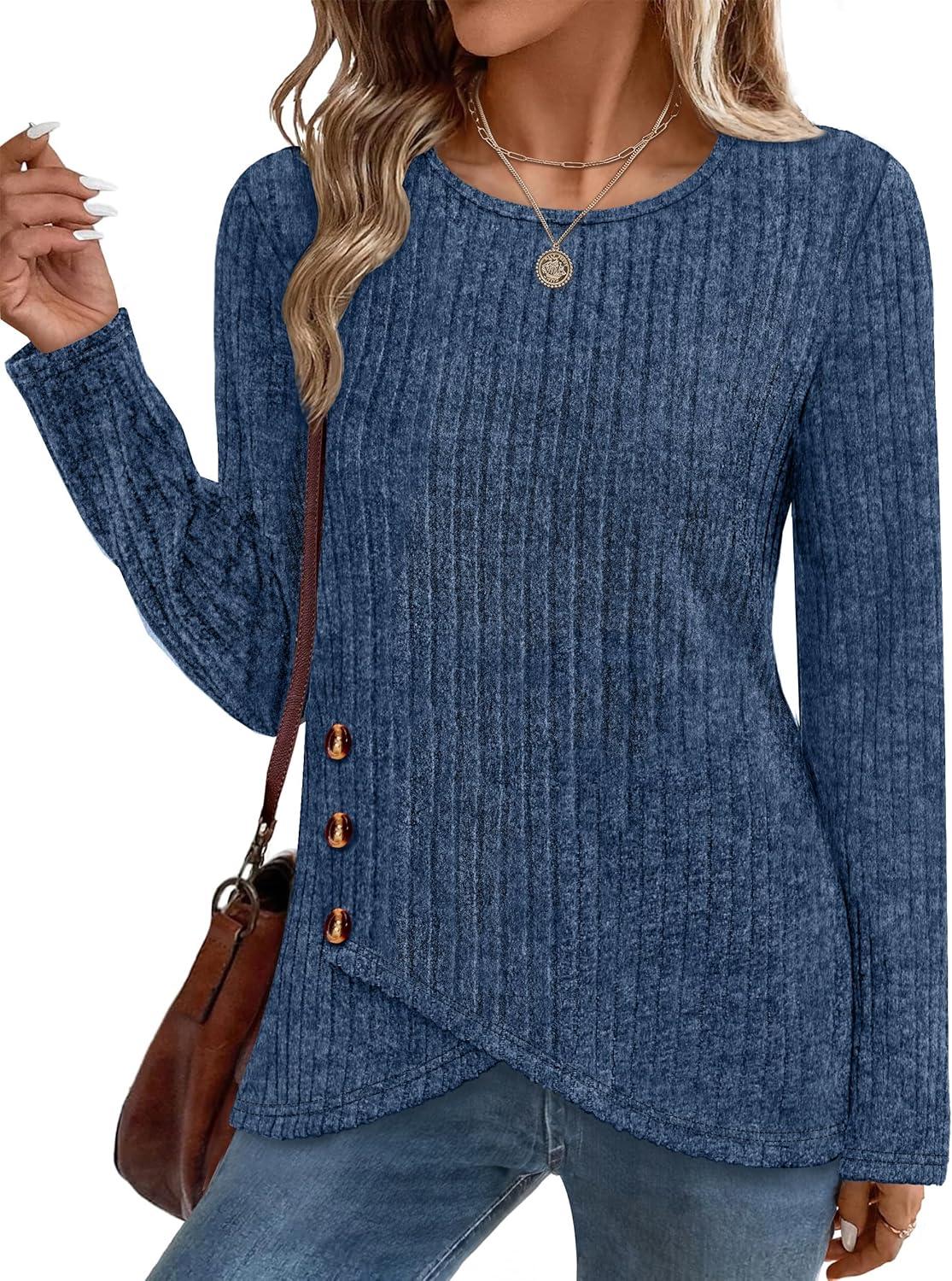 imageXIEERDUO Tunic Sweaters for Women Long Sleeve Shirts Crew Neck Tops with Buttons Fall Fashion Outfits Winter ClothingDeep Blue