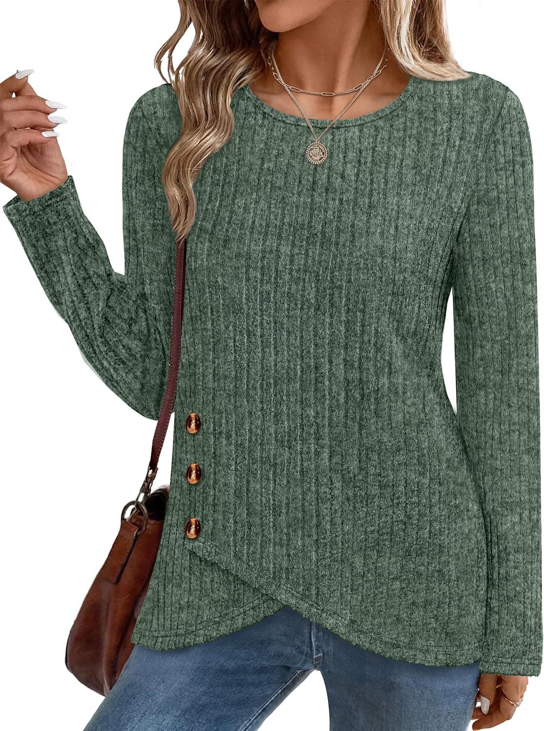 imageXIEERDUO Tunic Sweaters for Women Long Sleeve Shirts Crew Neck Tops with Buttons Fall Fashion Outfits Winter ClothingGreen