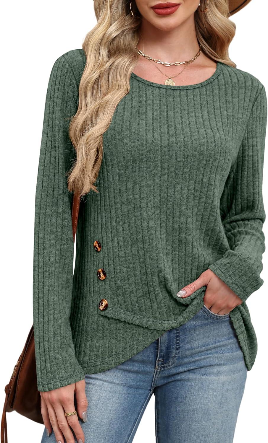 imageXIEERDUO Tunic Sweaters for Women Long Sleeve Shirts Crew Neck Tops with Buttons Fall Fashion Outfits Winter ClothingGreen