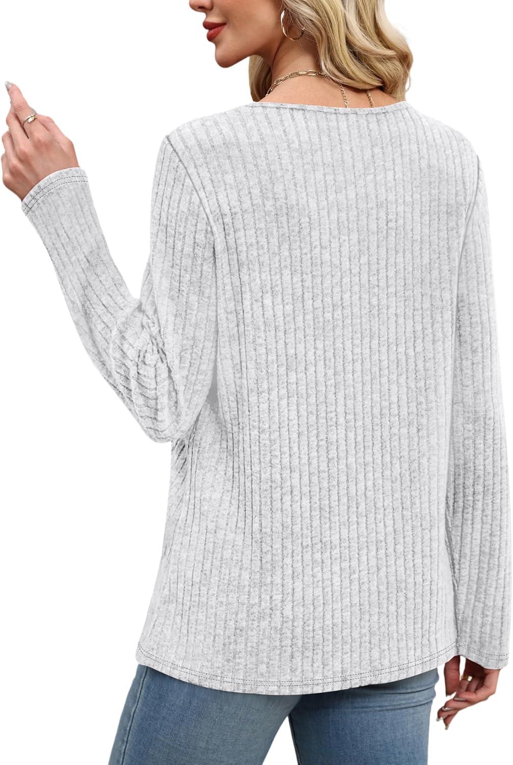 imageXIEERDUO Tunic Sweaters for Women Long Sleeve Shirts Crew Neck Tops with Buttons Fall Fashion Outfits Winter ClothingGrey