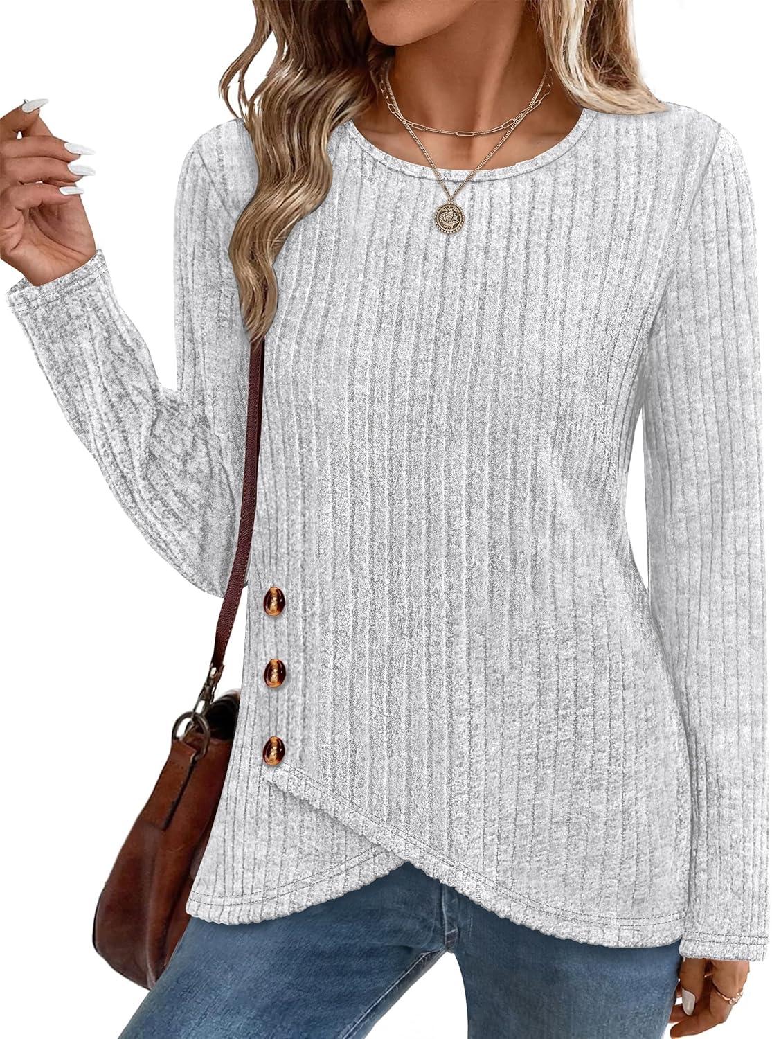 imageXIEERDUO Tunic Sweaters for Women Long Sleeve Shirts Crew Neck Tops with Buttons Fall Fashion Outfits Winter ClothingGrey