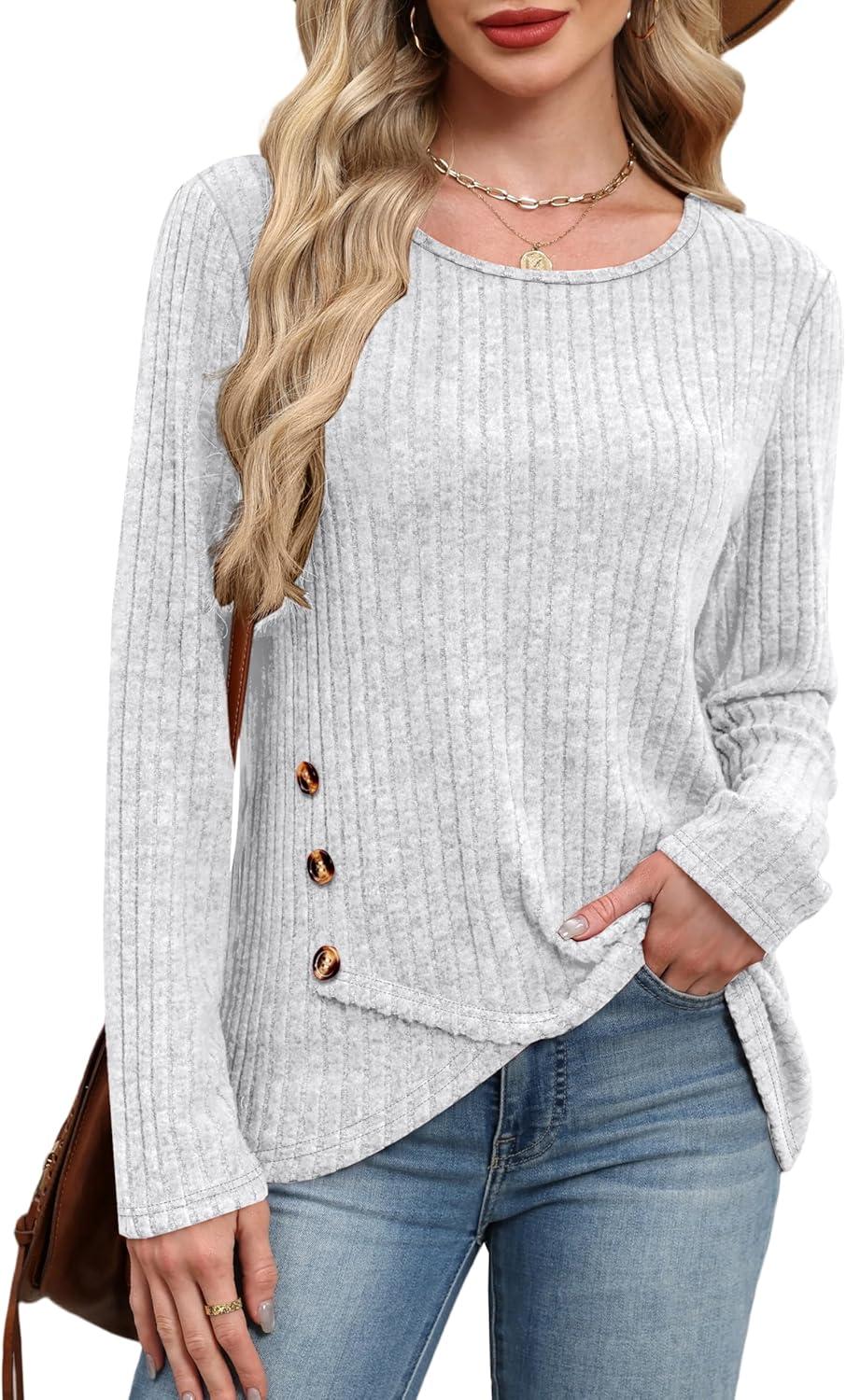 imageXIEERDUO Tunic Sweaters for Women Long Sleeve Shirts Crew Neck Tops with Buttons Fall Fashion Outfits Winter ClothingGrey