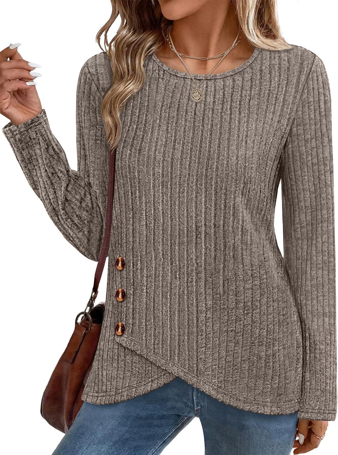 imageXIEERDUO Tunic Sweaters for Women Long Sleeve Shirts Crew Neck Tops with Buttons Fall Fashion Outfits Winter ClothingKhaki