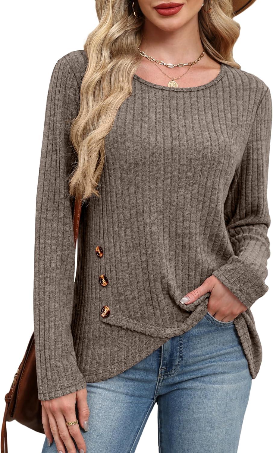 imageXIEERDUO Tunic Sweaters for Women Long Sleeve Shirts Crew Neck Tops with Buttons Fall Fashion Outfits Winter ClothingKhaki