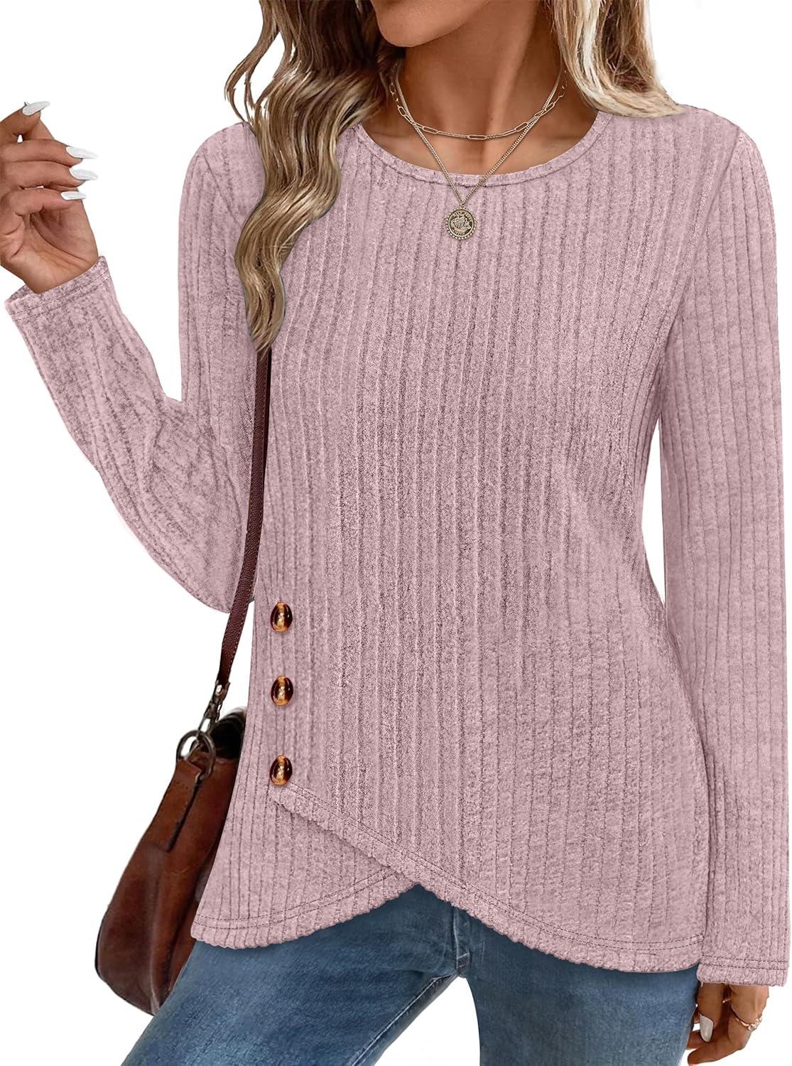 imageXIEERDUO Tunic Sweaters for Women Long Sleeve Shirts Crew Neck Tops with Buttons Fall Fashion Outfits Winter ClothingPinkish Purple