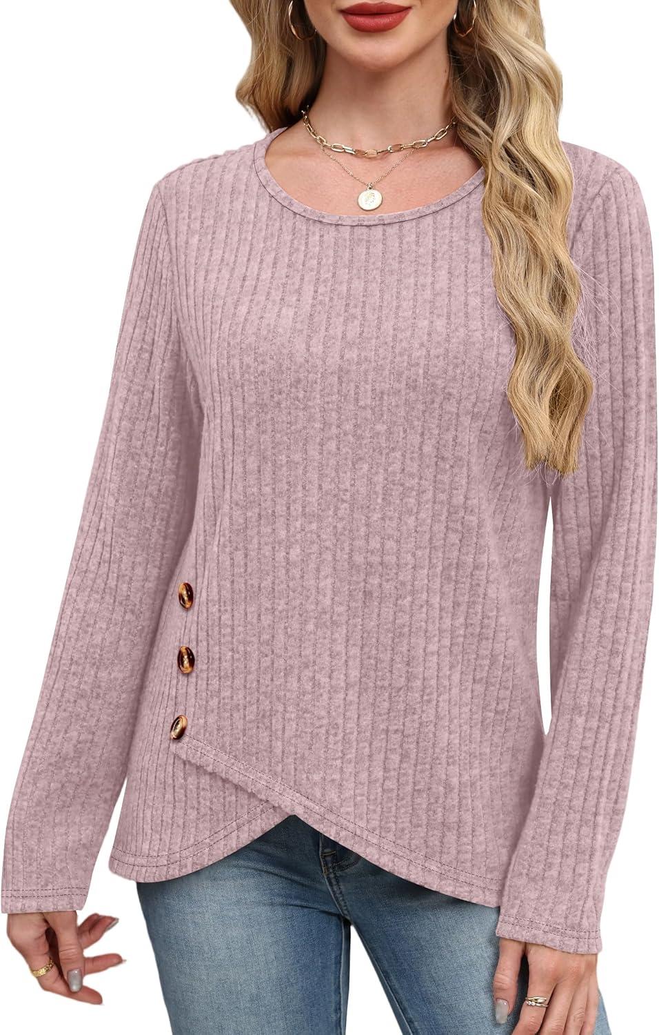 imageXIEERDUO Tunic Sweaters for Women Long Sleeve Shirts Crew Neck Tops with Buttons Fall Fashion Outfits Winter ClothingPinkish Purple