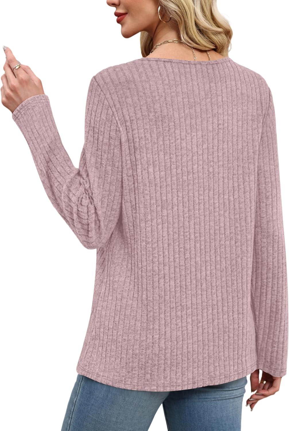 imageXIEERDUO Tunic Sweaters for Women Long Sleeve Shirts Crew Neck Tops with Buttons Fall Fashion Outfits Winter ClothingPinkish Purple