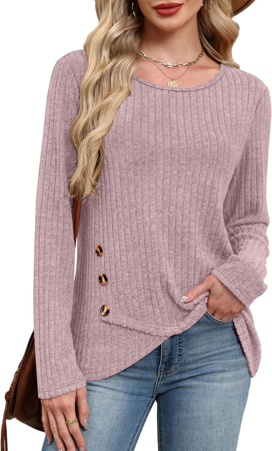 imageXIEERDUO Tunic Sweaters for Women Long Sleeve Shirts Crew Neck Tops with Buttons Fall Fashion Outfits Winter ClothingPinkish Purple