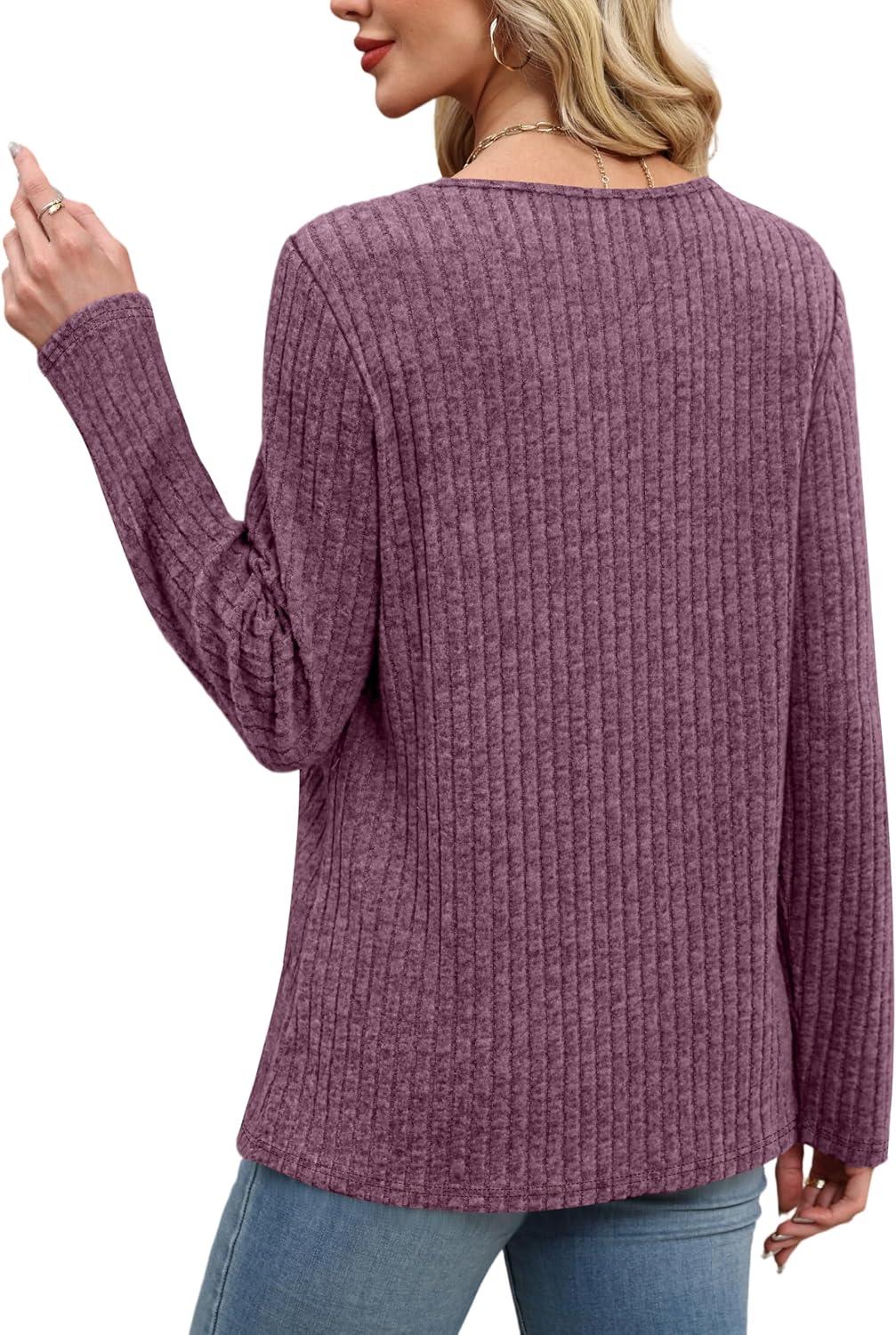 imageXIEERDUO Tunic Sweaters for Women Long Sleeve Shirts Crew Neck Tops with Buttons Fall Fashion Outfits Winter ClothingPurple