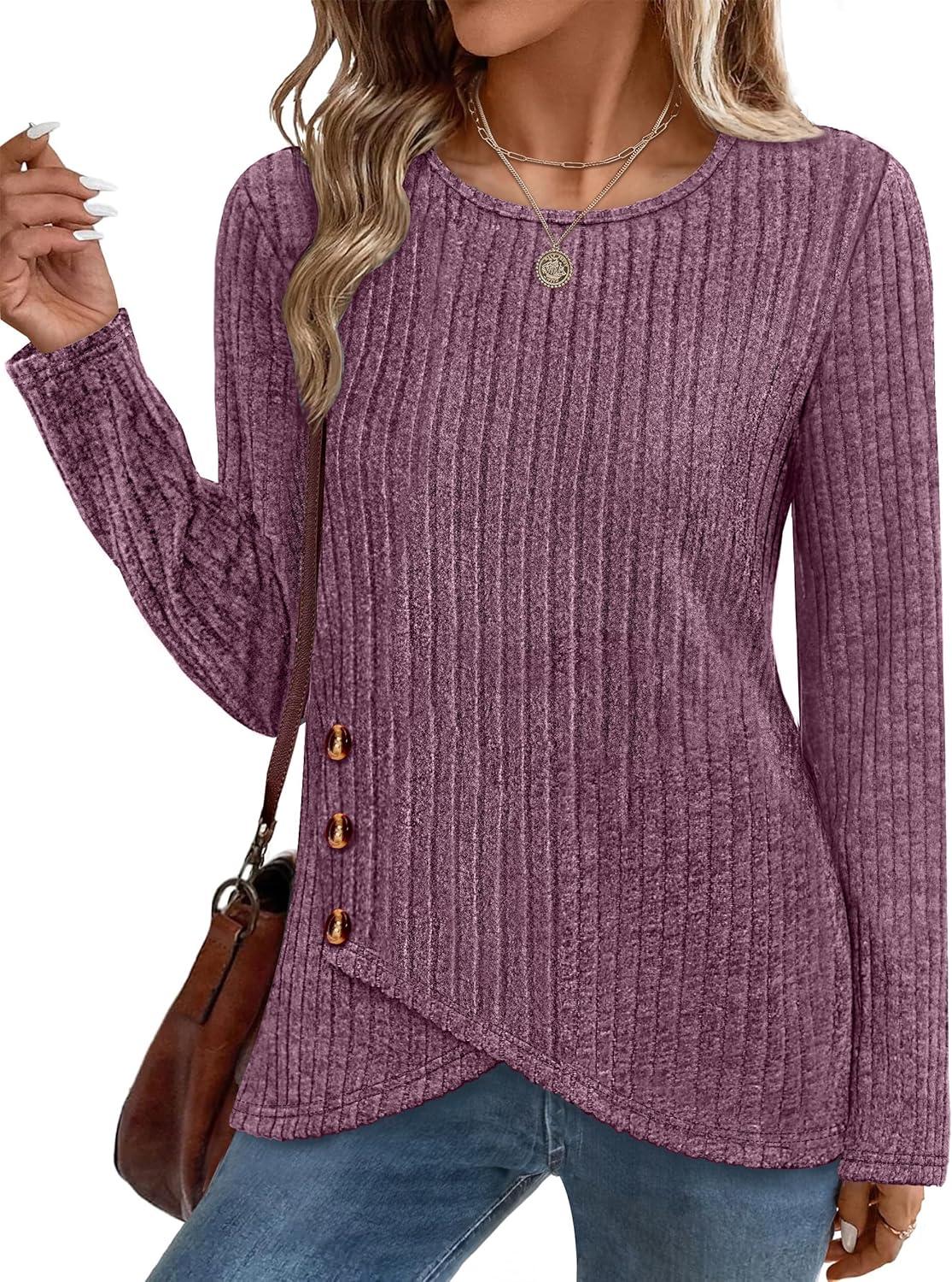 imageXIEERDUO Tunic Sweaters for Women Long Sleeve Shirts Crew Neck Tops with Buttons Fall Fashion Outfits Winter ClothingPurple