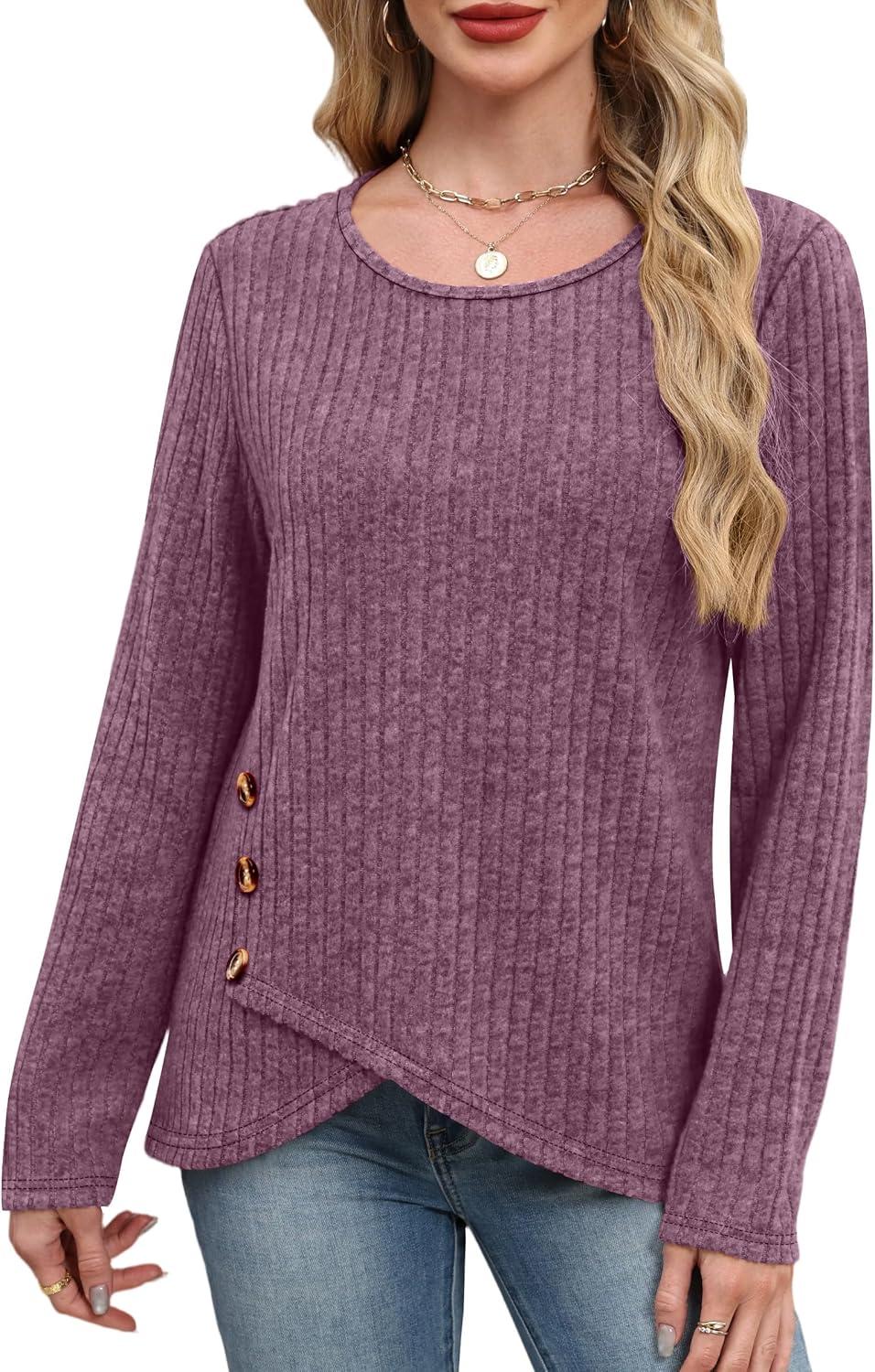 imageXIEERDUO Tunic Sweaters for Women Long Sleeve Shirts Crew Neck Tops with Buttons Fall Fashion Outfits Winter ClothingPurple