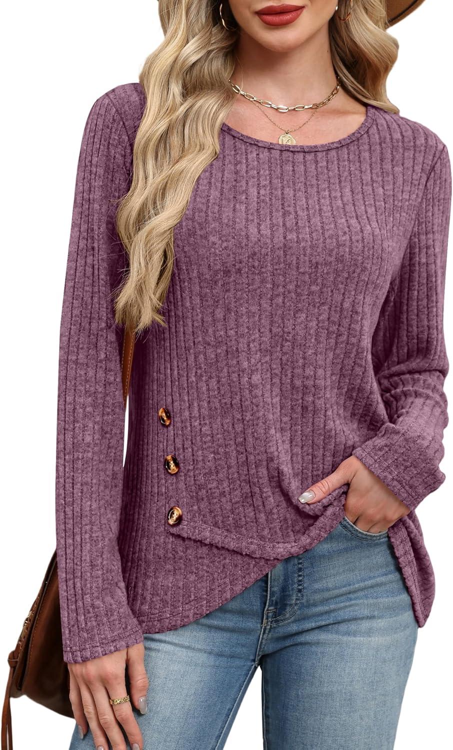 imageXIEERDUO Tunic Sweaters for Women Long Sleeve Shirts Crew Neck Tops with Buttons Fall Fashion Outfits Winter ClothingPurple