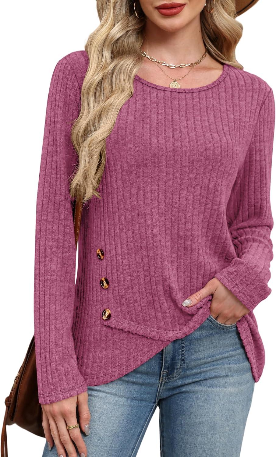 imageXIEERDUO Tunic Sweaters for Women Long Sleeve Shirts Crew Neck Tops with Buttons Fall Fashion Outfits Winter ClothingPurple Red