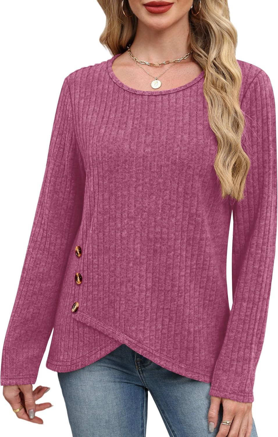 imageXIEERDUO Tunic Sweaters for Women Long Sleeve Shirts Crew Neck Tops with Buttons Fall Fashion Outfits Winter ClothingPurple Red