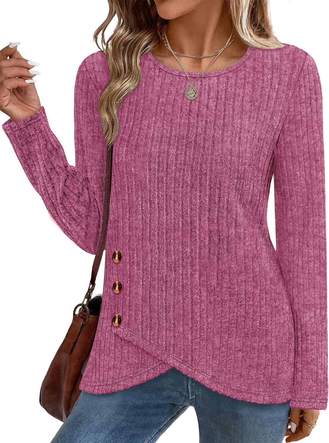 imageXIEERDUO Tunic Sweaters for Women Long Sleeve Shirts Crew Neck Tops with Buttons Fall Fashion Outfits Winter ClothingPurple Red