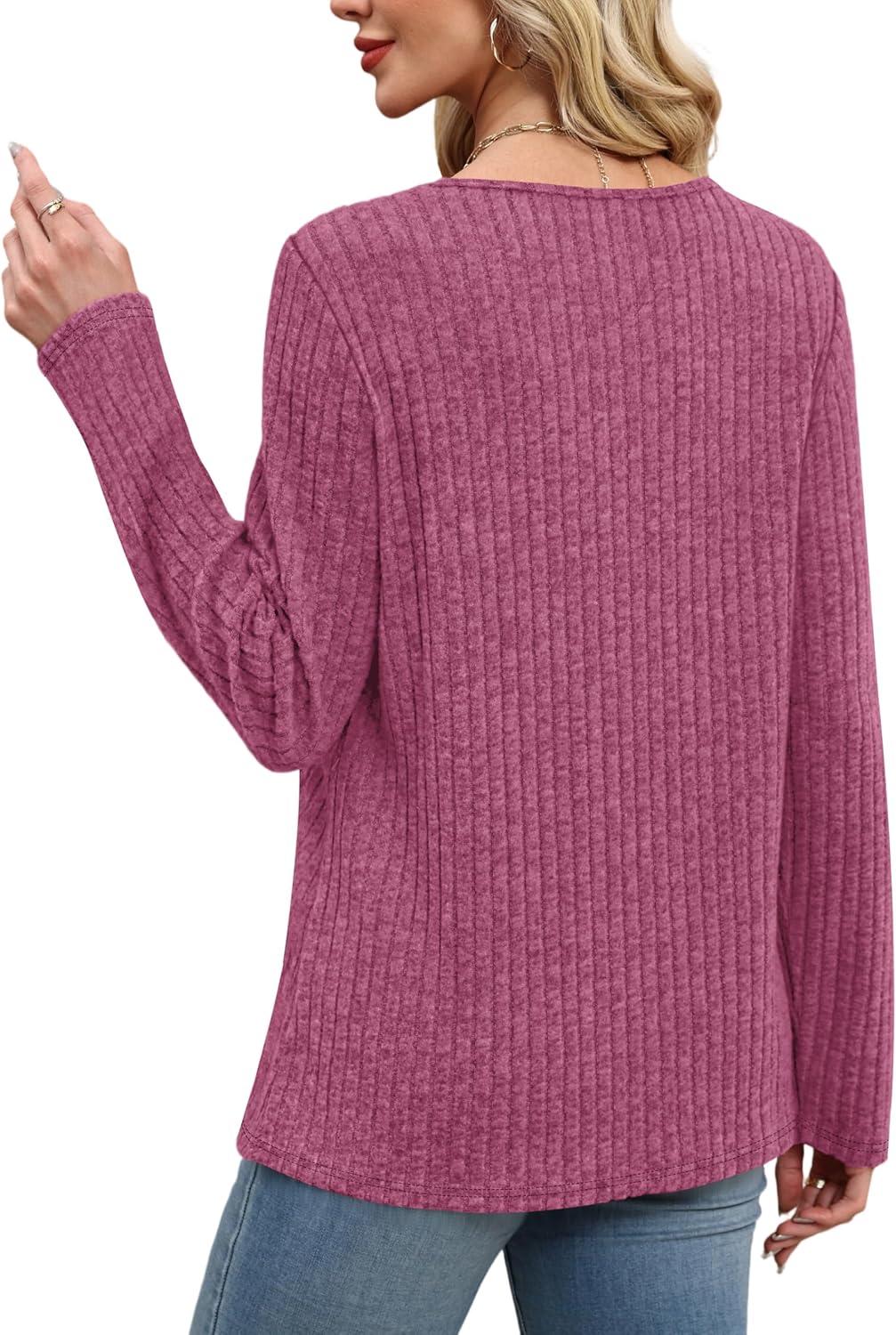 imageXIEERDUO Tunic Sweaters for Women Long Sleeve Shirts Crew Neck Tops with Buttons Fall Fashion Outfits Winter ClothingPurple Red