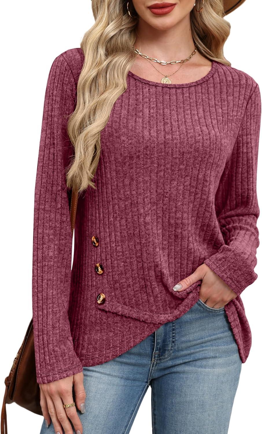 imageXIEERDUO Tunic Sweaters for Women Long Sleeve Shirts Crew Neck Tops with Buttons Fall Fashion Outfits Winter ClothingRed