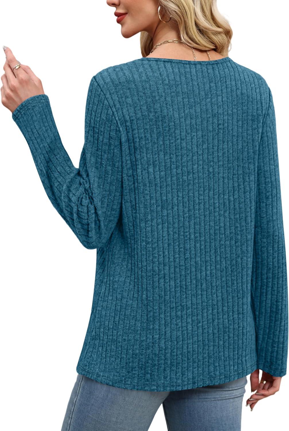 imageXIEERDUO Tunic Sweaters for Women Long Sleeve Shirts Crew Neck Tops with Buttons Fall Fashion Outfits Winter ClothingRoyal Blue