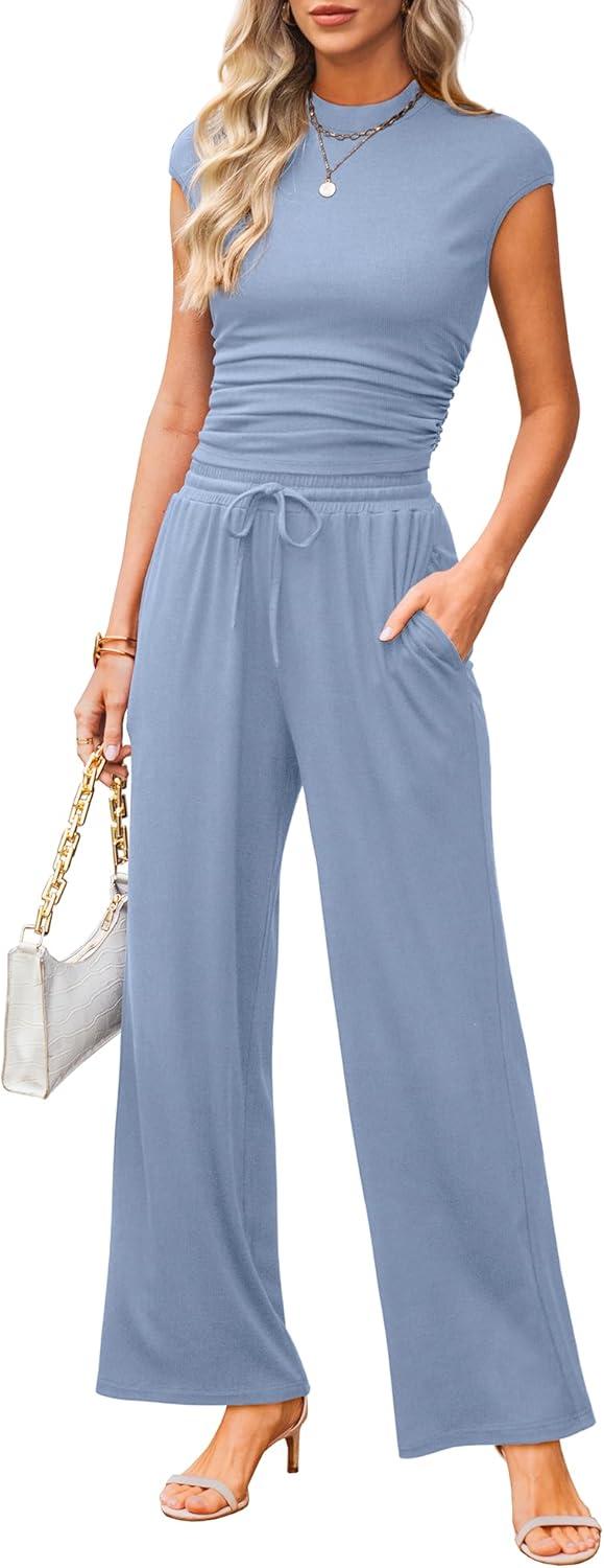 imageXIEERDUO Two Piece Lounge Sets for Women Mock Neck Cap Sleeve Tops Wide Leg Casual Pants Summer Beach Vacation Travel OutfitBlue