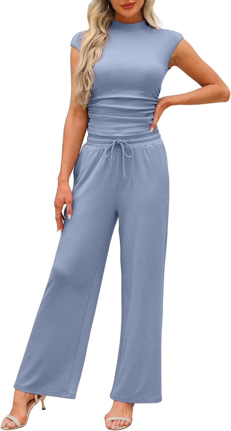 imageXIEERDUO Two Piece Lounge Sets for Women Mock Neck Cap Sleeve Tops Wide Leg Casual Pants Summer Beach Vacation Travel OutfitBlue