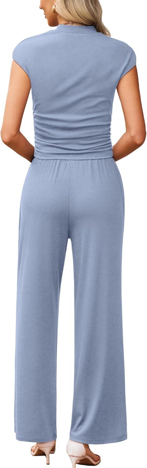 imageXIEERDUO Two Piece Lounge Sets for Women Mock Neck Cap Sleeve Tops Wide Leg Casual Pants Summer Beach Vacation Travel OutfitBlue