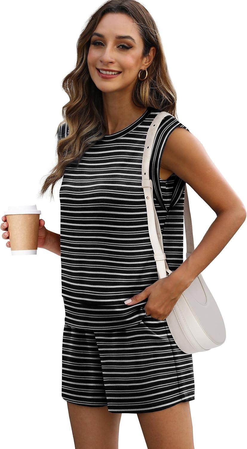 imageXIEERDUO Womens 2 Piece Cap Sleeve Short Sets Fashion Travel Outfits Comfy Airport Lounge Set Loose LoungewearZ Black Stripe