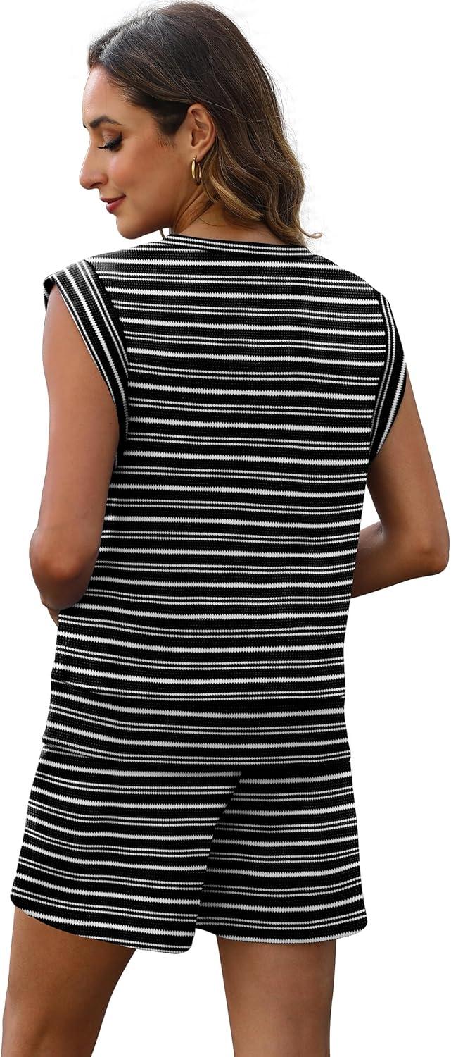 imageXIEERDUO Womens 2 Piece Cap Sleeve Short Sets Fashion Travel Outfits Comfy Airport Lounge Set Loose LoungewearZ Black Stripe