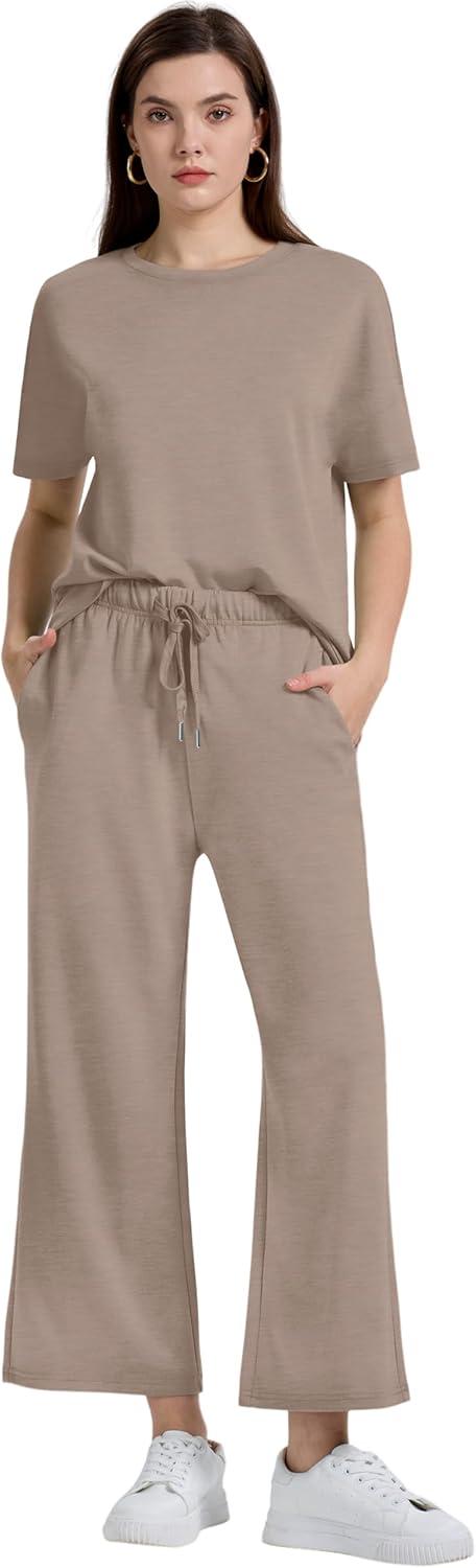 imageXIEERDUO Womens 2 Piece Outfits For Women Loose Pajamas Pullover Tops And Wide Leg Pants Lounge Sets Tracksuit Sweatsuit08khaki