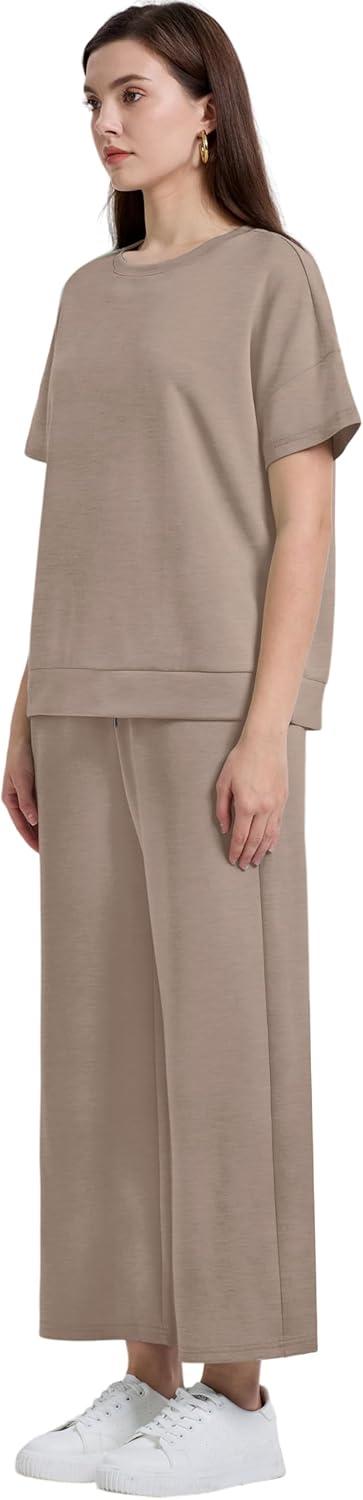 imageXIEERDUO Womens 2 Piece Outfits For Women Loose Pajamas Pullover Tops And Wide Leg Pants Lounge Sets Tracksuit Sweatsuit08khaki