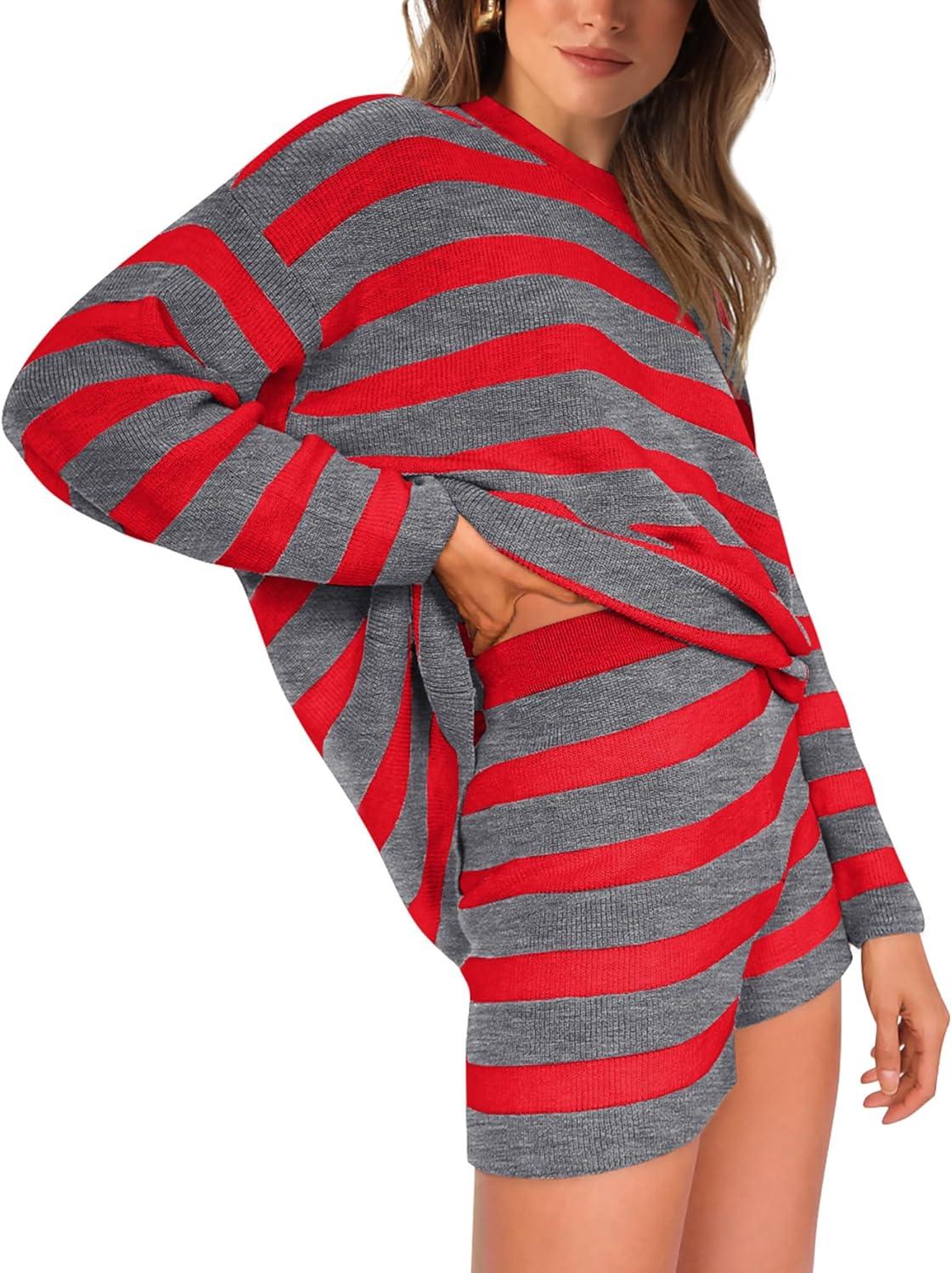 imageXIEERDUO Womens Sweater Sets 2 Piece Outfits Shorts Athleisure Lounge Wear Fall Fashion 2024Hgreyred