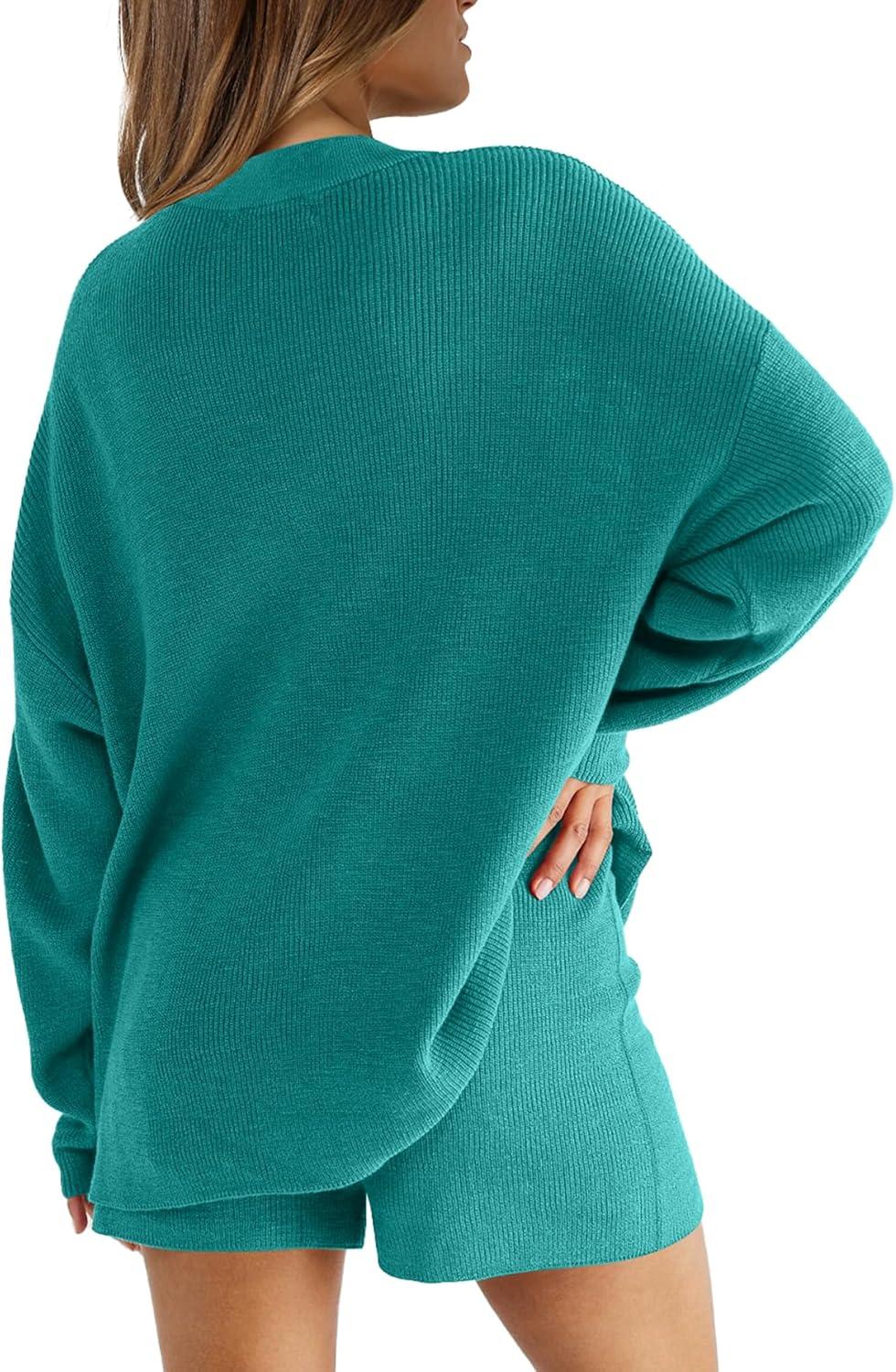 imageXIEERDUO Womens Sweater Sets 2 Piece Outfits Shorts Athleisure Lounge Wear Fall Fashion 2024Ybluegreen