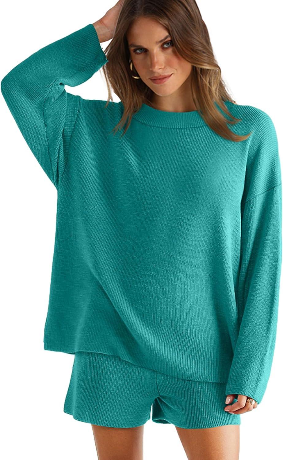 imageXIEERDUO Womens Sweater Sets 2 Piece Outfits Shorts Athleisure Lounge Wear Fall Fashion 2024Ybluegreen