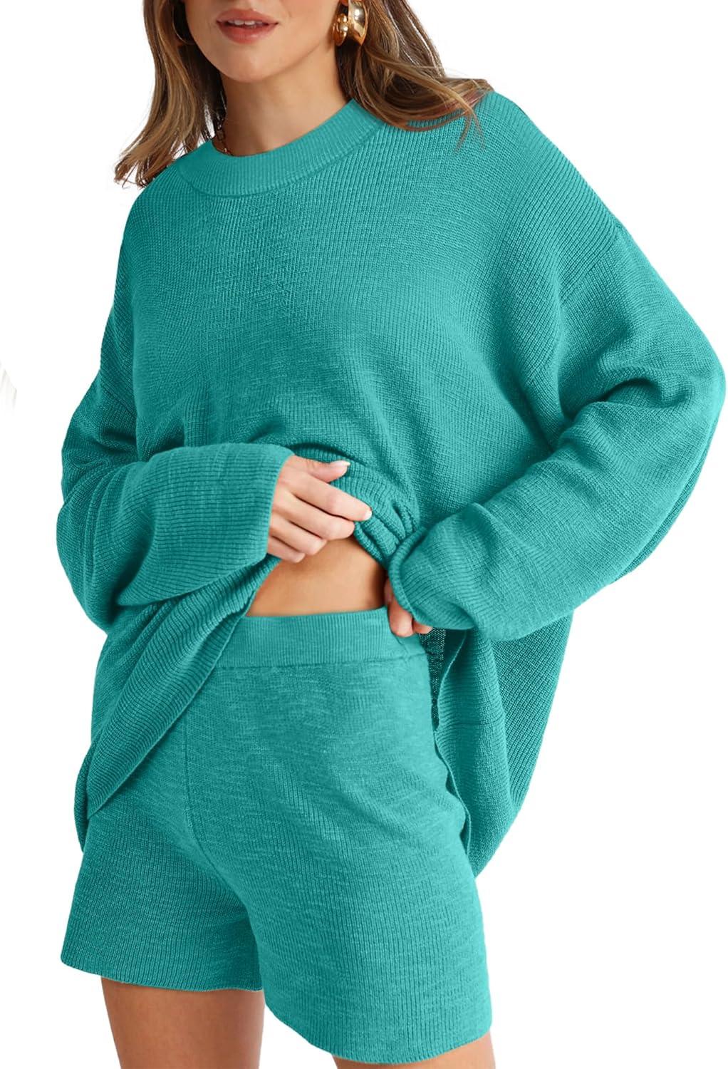 imageXIEERDUO Womens Sweater Sets 2 Piece Outfits Shorts Athleisure Lounge Wear Fall Fashion 2024Ybluegreen