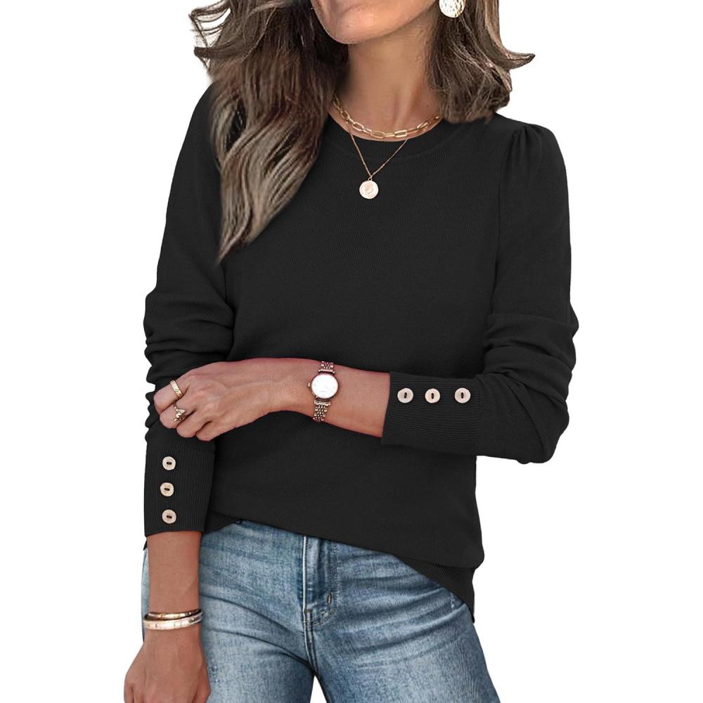 imageWomens Sweaters Fall Fashion 2025 Long Sleeve Button Cuff Soft Knit Pullover Trendy Tops Dressy Casual BlousesBlack