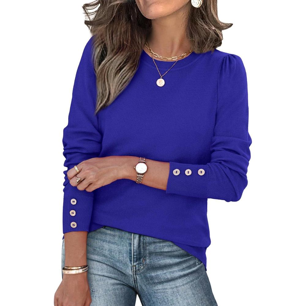 imageWomens Sweaters Fall Fashion 2025 Long Sleeve Button Cuff Soft Knit Pullover Trendy Tops Dressy Casual BlousesBlue