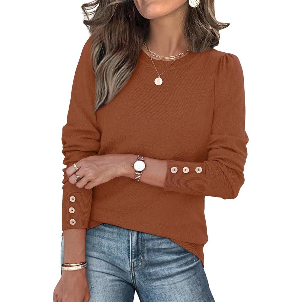 imageWomens Sweaters Fall Fashion 2025 Long Sleeve Button Cuff Soft Knit Pullover Trendy Tops Dressy Casual BlousesCaramel
