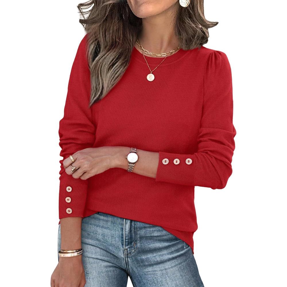 imageWomens Sweaters Fall Fashion 2025 Long Sleeve Button Cuff Soft Knit Pullover Trendy Tops Dressy Casual BlousesRed