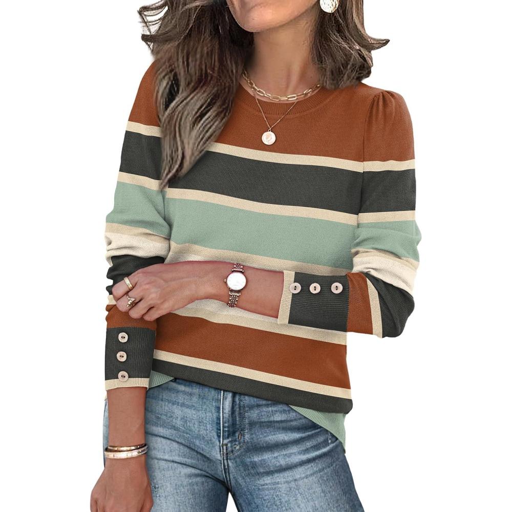 imageWomens Sweaters Fall Fashion 2025 Long Sleeve Button Cuff Soft Knit Pullover Trendy Tops Dressy Casual BlousesStripe