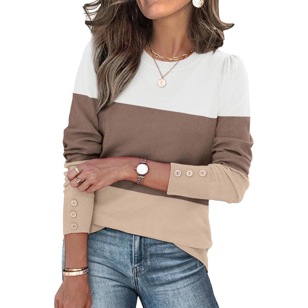 imageWomens Sweaters Fall Fashion 2025 Long Sleeve Button Cuff Soft Knit Pullover Trendy Tops Dressy Casual BlousesWhite Brown Khaki