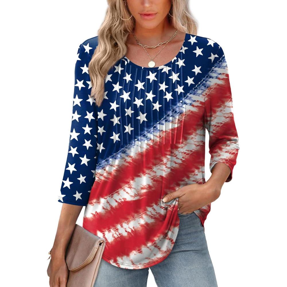 imageXIEERDUO 34 Length Sleeve Tops for Women 2025 Crewneck Casual Pleated Tunic Tops Loose Fit Shirts BlousesFflag